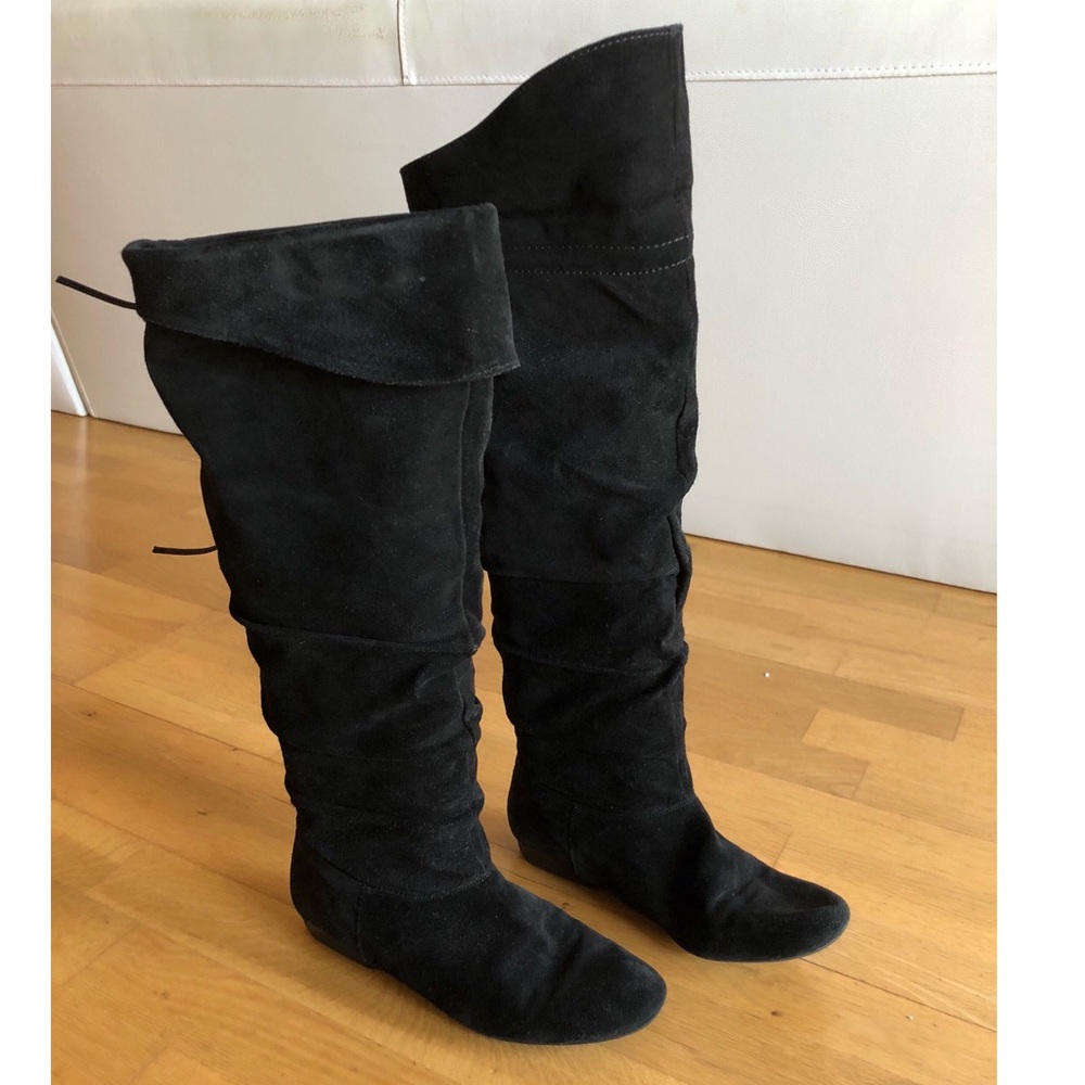 Franco Sarto Black Suede Foldover Slouch Flat Boot